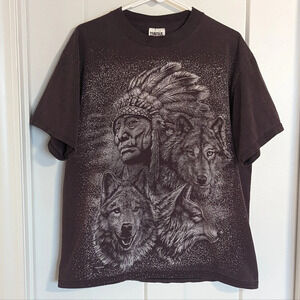 Vintage Native American Wolf All Over T-shirt Front and Back Design Maroon sz L